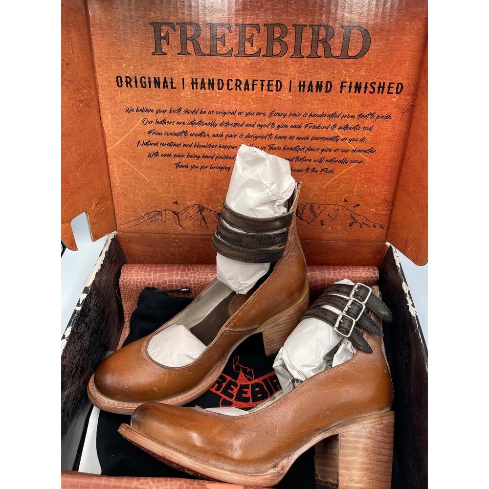 Freebird Randi Leather Triple Buckle Ankle Strap Heels Cognac Dusty Rose Size 7